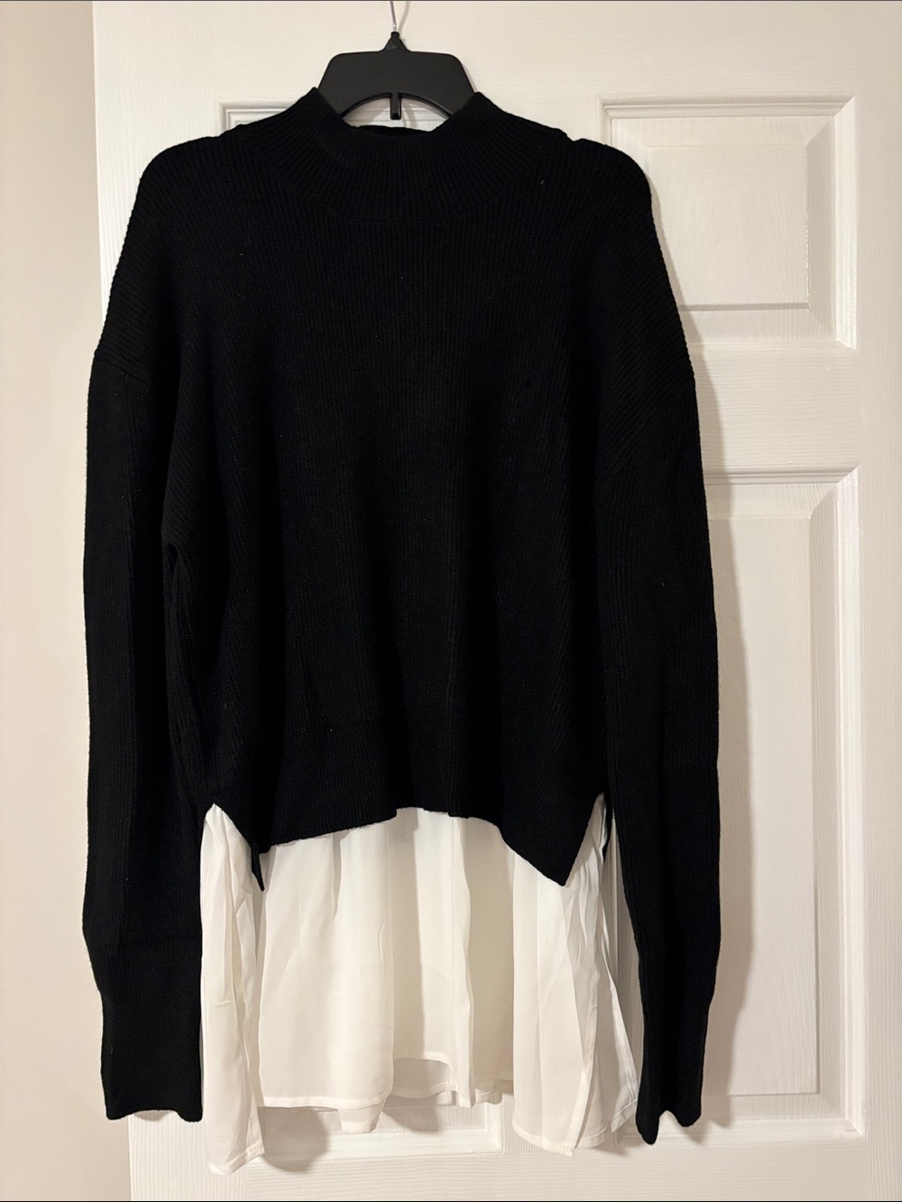 Lumiere Black Mock Neck Sweater with White Shirt-Hem